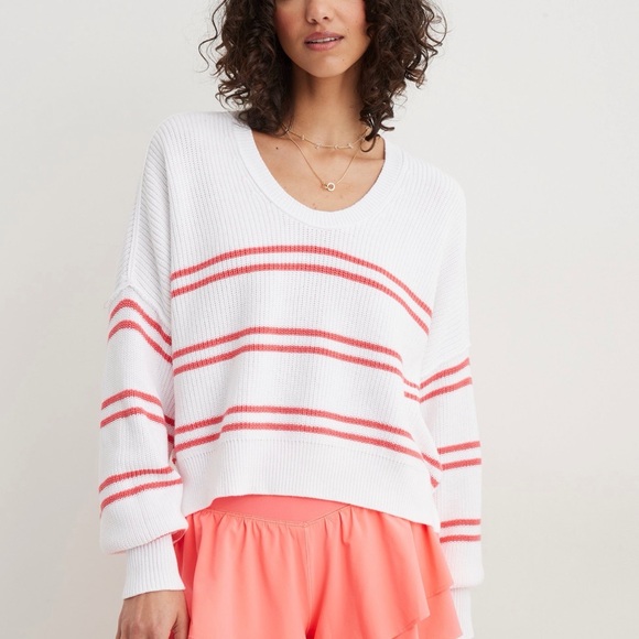 aerie Sweaters - Aerie Women's White and Coral Striped Sweater